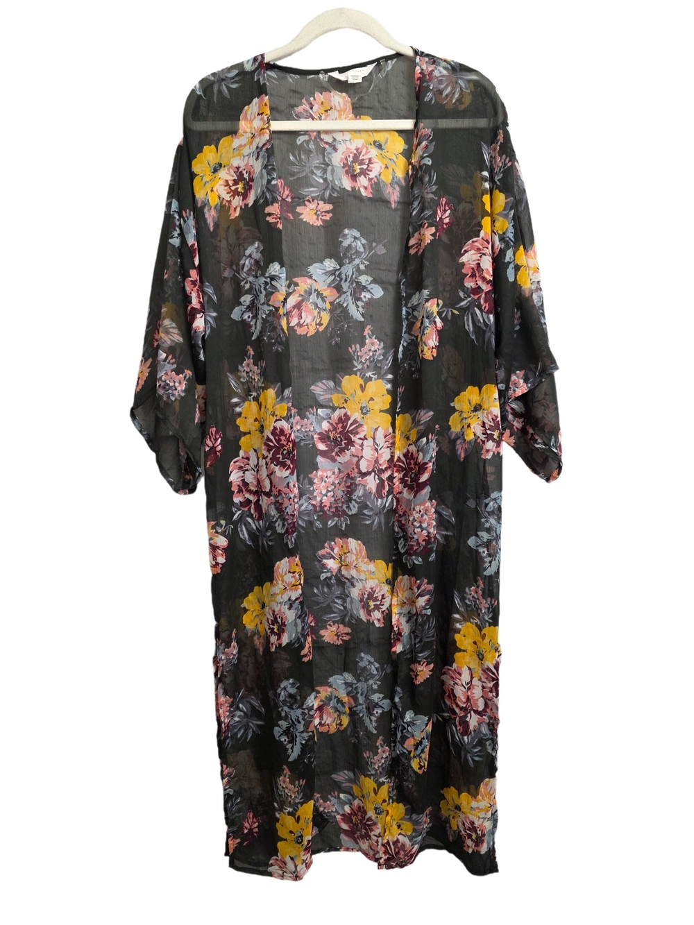 LC Lauren Conrad Black Sheer Floral Kimono with Yellow & Pink Blossoms One Size